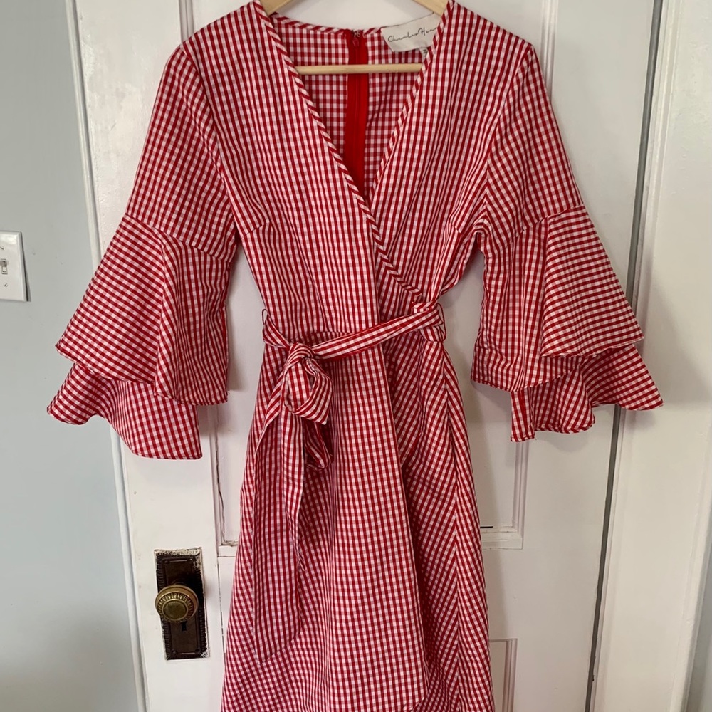 Gingham Wrap Dress with Midlength Flutter Sleeves
